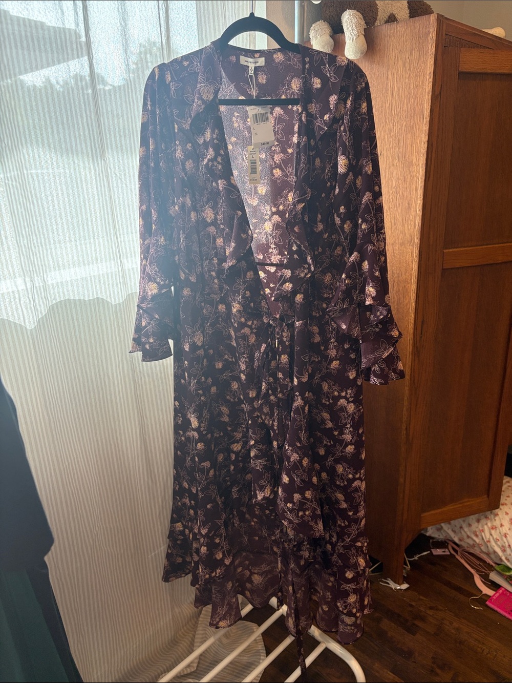 Max Studio Plum Floral Tie-Waist Midi Dress